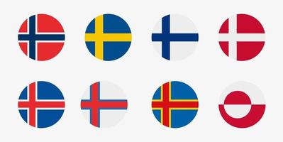 Scandinavian countries flag vector icon set. Nordic Europe flags in a circle shape. Norway, Sweden, Finland, Denmark, Iceland, Faroe Islands, Aland Islands, Greenland