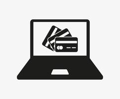 portátil con icono de vector de tarjetas de crédito aislado sobre fondo blanco. banca en línea