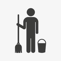 A cleaner man with cleaning tool equipment, broom and basket. Vector illustration