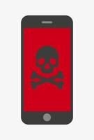 Malware notification on smartphone.  Vector illustration. Smartphone with skull and bones. Virus in mobile phone