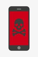 notificación de malware en el teléfono inteligente. ilustración vectorial teléfono inteligente con cráneo y huesos. virus en telefono movil vector