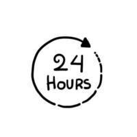 Icono de signo de reloj de 24 horas en estilo dibujado a mano. Ilustración de vector abierto de veinticuatro horas. Concepto de negocio de horario. garabatear