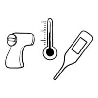 Simple Set of Temperature Related Vector hand drawn. Contains such Icons as Thermometer, Pyrometer, Body Temperature Check doodle.