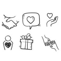 iconos de doodle de amistad y amor dibujados a mano. interacción, entendimiento mutuo y asistencia empresarial. confianza, iconos de responsabilidad social. vector