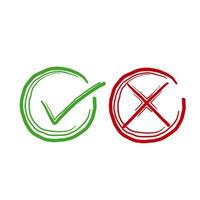 hand drawn Green tick symbol and red cross sign in circle. Icons for evaluation quiz. Vector. doodle vector