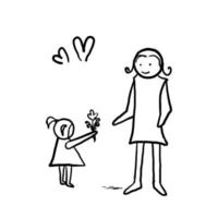 dibujada a mano, la niña le da flores a su madre, símbolo del feliz día de la madre. garabatear vector