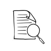 Scrutiny document plan icon in hand drawn style. Review statement vector illustration.Document with magnifier loupe business concept. doodle