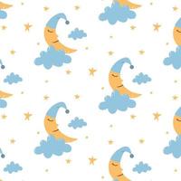 Vector pattern with moon and clouds. Cute childish good night pattern. Pattern with night sky and moon.