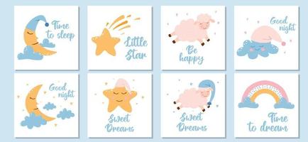 Vector set of good night posters. Hand-drawn cute set of postcards with cute clouds, sheep and stars.