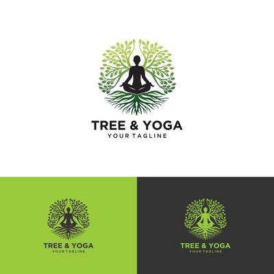 Tree yoga logo. Silhouette of a person in meditation in a round frame. The image of nature, the tree of life. Design of the emblem of the trunk, leaves, crown and roots of the tree.Yoga logo vector,