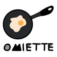 Vector illustration of scrambled eggs in a frying pan. Drawn style. Fried egg in a pan. Egg breakfast illustration. Lettering omelet.