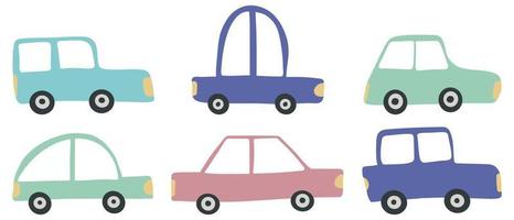 Vector set of childrens different cars. Hand-drawn set of colored cars.