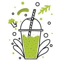 Vector illustration of a glass of smoothie. Green smoothie with green vegetables.