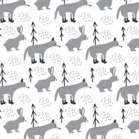 Childish  pattern with gray wolf and hare. Hand-drawn forest pattern with hare and wolf and trees. vector