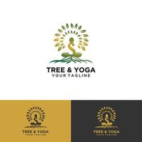logo de yoga árbol. silueta de una persona en meditación en un marco redondo. la imagen de la naturaleza, el árbol de la vida. diseño del emblema del tronco, hojas, corona y raíces del árbol. vector logo de yoga,