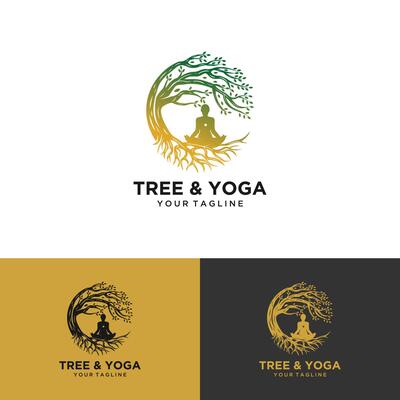 Tree yoga logo. Silhouette of a person in meditation in a round frame. The image of nature, the tree of life. Design of the emblem of the trunk, leaves, crown and roots of the tree.Yoga logo vector,