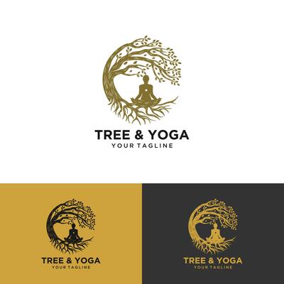 Tree yoga logo. Silhouette of a person in meditation in a round frame. The image of nature, the tree of life. Design of the emblem of the trunk, leaves, crown and roots of the tree.Yoga logo vector,