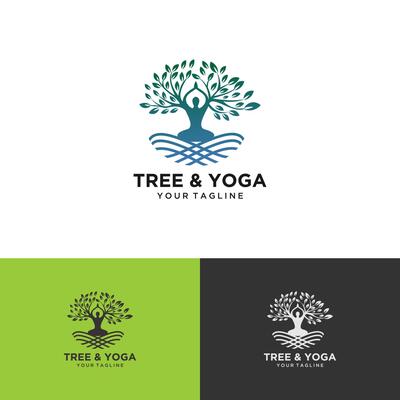 Tree yoga logo. Silhouette of a person in meditation in a round frame. The image of nature, the tree of life. Design of the emblem of the trunk, leaves, crown and roots of the tree.Yoga logo vector,