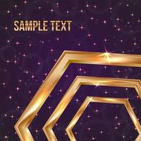 Bright golden hexagon on a dark purple background with sparkling stars and particles. Luxury vector illustration. Easy to edit design template for your business projects.