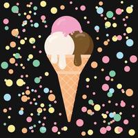 Ice cream on a black background with colorful confetti. Cartoon icecream cone  in flat style. Concept of desserts. Summer vector illustration. Italian Gelato.