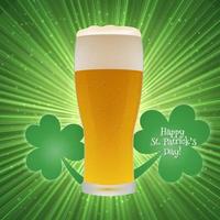 St. Patrick's Day greeting card on a bright green background with clover and glass of beer. Easy to edit vector design template.