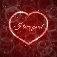 I love you Red Valentine s day greeting card with sparkling heart on blurred bokeh background. Romantic vector illustration. Easy to edit design template.