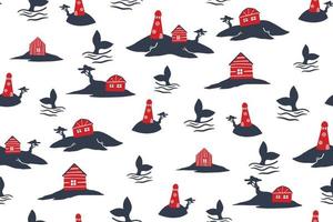 sea village seamless pattern with lighthouse, fishermen s houses and whale tails vector
