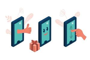 A set of illustrations online store. Ordering products via the app vector