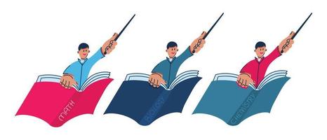 a pedagogue with a pointer in his hand flies on a book vector