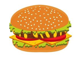 Burger Hamburger with Red Tomato and Salad. Fast food Cheeseburger vector