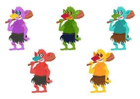 Five different colored Goblins. Set of goblin or troll with hunting tool isolated on white background. Vector illustration of Five different colored Goblins