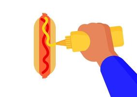 Delicious fast food with sausage, bread, mustard and ketchup. Mustard bottle and delicious hot dog isolated on white background vector