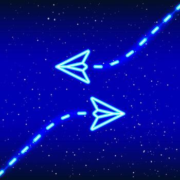 Airplane blue from neon paper. Idea phase. Neon collision avoidance airplane icon design. Realistic neon icon. Linear icon on blue background. vector