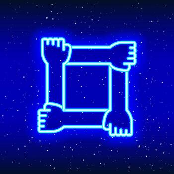 Neon luminous solidarity hand design. Intertwined hands. Linear hand success-power design. Glowing neon unity sign in space. Unique and realistic neon icon. Linear icon on blue background. vector