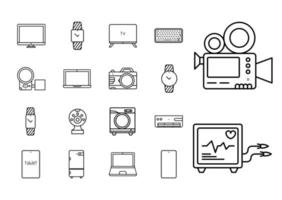 Modern technological device icon set. Display, tv, smart watch, computer, refrigerator, camera, ECG and similar devices. Download linear stock template technology device vector. white background. vector