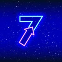 Number 7 and arrow sign icon in neon blue and pink color. Arrowed numeral seven of space stars. Neon linear digit design. Realistic neon icon. Linear icon on blue background. vector