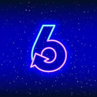 Number 6 and arrow sign icon in neon blue and pink color. Arrowed numeral six of space stars. Neon linear digit design. Realistic neon icon. Linear icon on blue background. vector