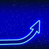 Neon blue upward rising arrow. Success-Idea phase. Arrow sign rising from the ground. Writing area. Neon 3d arrow sign. Realistic neon icon. Linear icon on blue background. vector