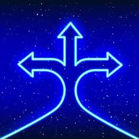 Neon blue 3 headed upward moving arrow. Success-Idea phase. Right and left direction sign. Neon 3d arrow sign. Realistic neon icon. Linear icon on blue background. vector