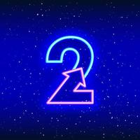 Number 2 and arrow sign icon in neon blue and pink color. Arrowed numeral two of space stars. Neon linear digit design. Realistic neon icon. Linear icon on blue background. vector