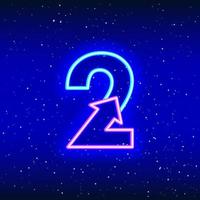 Number 2 and arrow sign icon in neon blue and pink color. Arrowed numeral two of space stars. Neon linear digit design. Realistic neon icon. Linear icon on blue background. vector