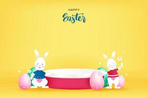 Happy Easter 3D stage podium mockup with colorful eggs and bunnies on yellow background for product placement, vector illustration