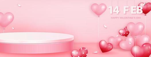 Valentine's day banner background with stage podium mock up for product display vector