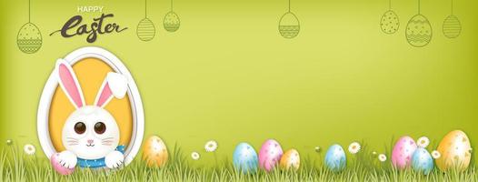 Cartoon style happy Easter bunny with colorful eggs in green garden banner background with copy sapce for your text vector