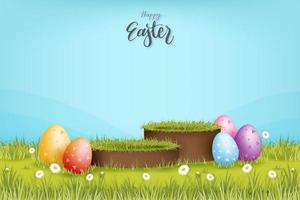Happy Easter 3D stage podium mockup with colorful eggs in springtime garden for product placement, vector illustration
