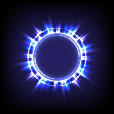Glowing HUD circle. Light and sparking ring. Colorful tunnel. Bright border. Magic portal. Luminous and glint swirling. Vector illustrator