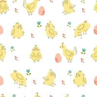 Seamless pattern with cute chickens and eggs. For childish and Easter design. Vector illustration.