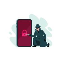 Thief try to unlock smartphone for stealing confidential data, hacker and cyber crime concept, vector illustration