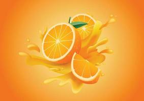 Fresh orange sliced and splashing on orange background, isolated vector illustration