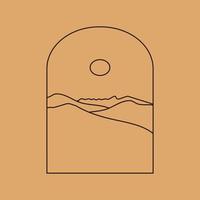 Vector simple illustration in simple linear style, minimalist boho logo landscape with mountain, hill, and sun.